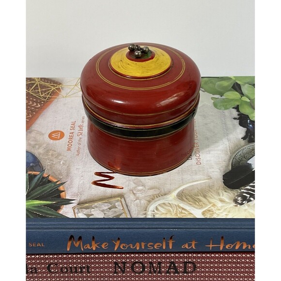 Vintage Wood Kumkum Lacquered Box Tika Powder Trinket Box Red Metal Pom Pom - Picture 1 of 17